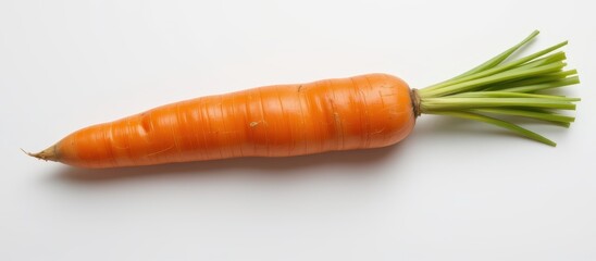 Fresh orange carrot with green tops on a white background.