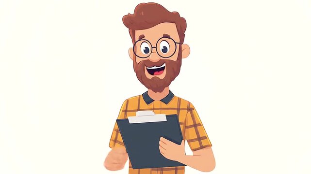 Cheerful man with clipboard gesturing warmly