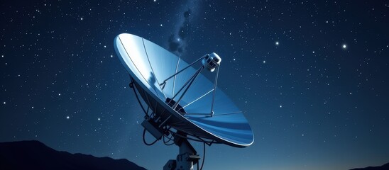 Satellite dish under a starry sky, showcasing technology and astronomy.
