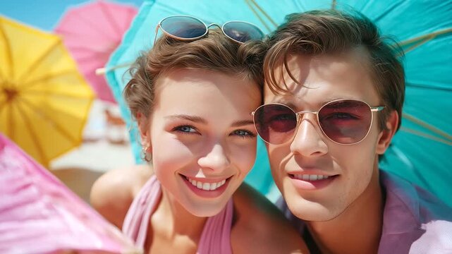 Couple posing in vintage swimwear by seaside, pastel tones and parasols, 1960s summer style, carefree leisure, timeless beauty, cinematic nostalgia, seaside charm, with copy space