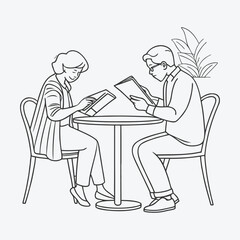 Two men are sitting on a chair and reading a book.