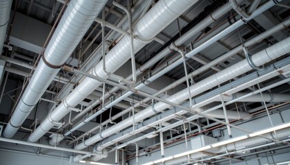 Industrial ceiling with extensive piping and ventilation systems.