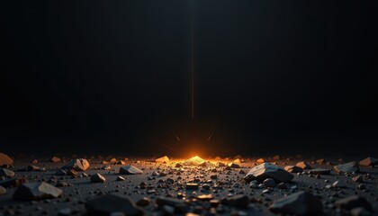 Dark landscape with glowing light emerging from rocky ground.