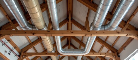 Exposed wooden beams and metallic ducts in a rustic ceiling design.