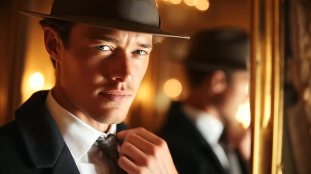 Elegant man wearing fedora adjusting tie in mirror, warm lighting, 1930s style confidence, timeless masculinity, fashion heritage, cinematic elegance, sophistication and poise, wit