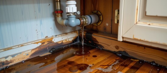 Leakage from a pipe causing water damage on wooden flooring.