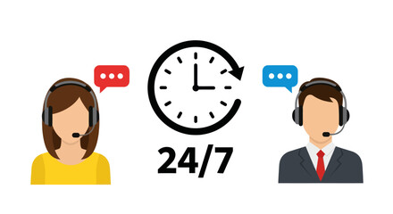 Illustration of 24/7 customer service with male and female call center agents wearing headsets.