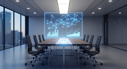 Empty modern conference room featuring a digital display showing a network connection and business charts.