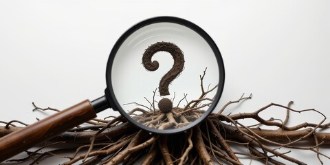 Magnifying glass over roots with a question mark symbolizing inquiry and exploration.