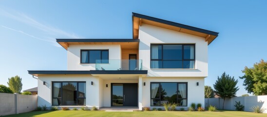 Modern two-story house with large windows and a spacious lawn.