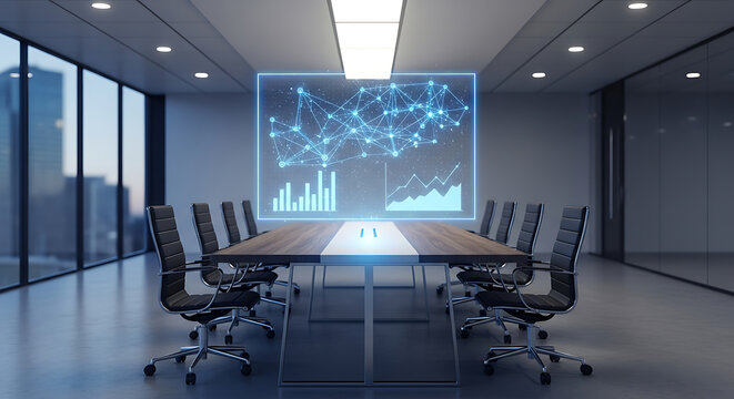Empty modern conference room featuring a digital display showing a network connection and business charts.