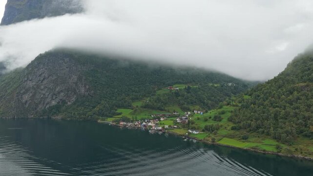 Aerial view of Undredal village during moody day, Norway
