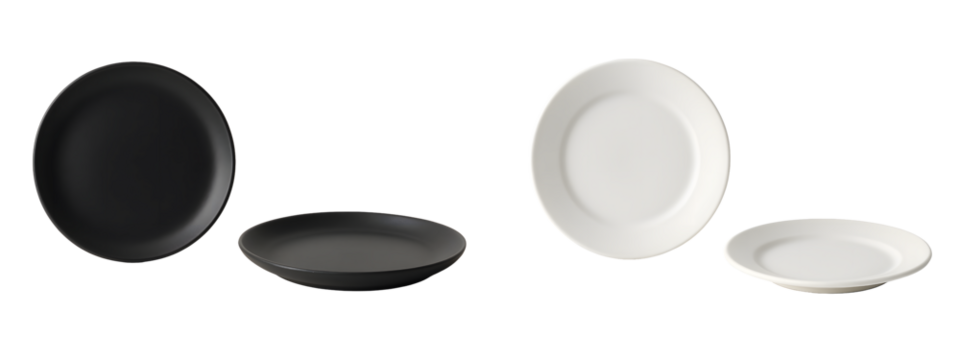 Set of Empty Ceramic Plates Black and White Modern Tableware isolated on transparent background