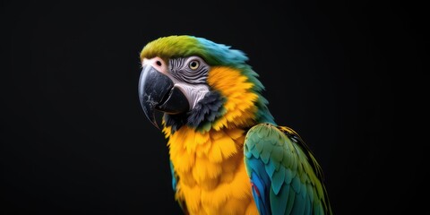 Colorful parrot against a dark background, showcasing vibrant feathers and sharp beak.