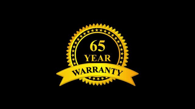 Golden 65 year warranty badge with ribbon on black background, premium quality guarantee label, certification seal, quality assurance, product guarantee seal, metallic gold warranty