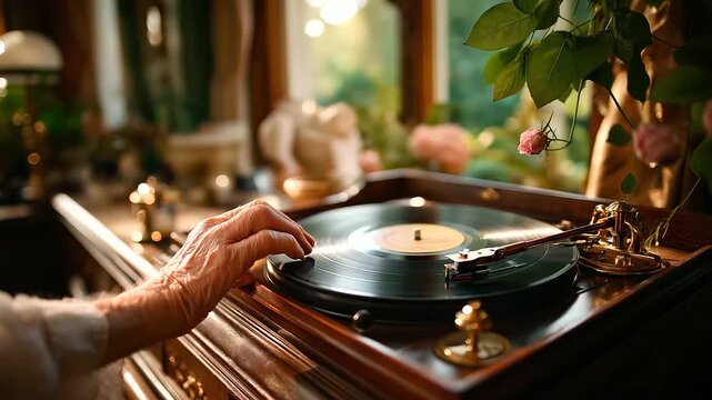 Man placing vinyl record on a phonograph, warm sunlight through window, nostalgic atmosphere, analog sound beauty, 1930s interior, musical tradition, craftsmanship and warmth, vint