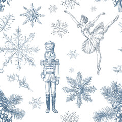 Vector Blue Toile Christmas Seamless Pattern 19 with Nutcracker, Ballerina and Snowflakes