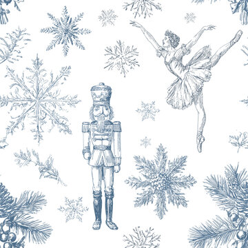 Vector Blue Toile Christmas Seamless Pattern 19 with Nutcracker, Ballerina and Snowflakes
