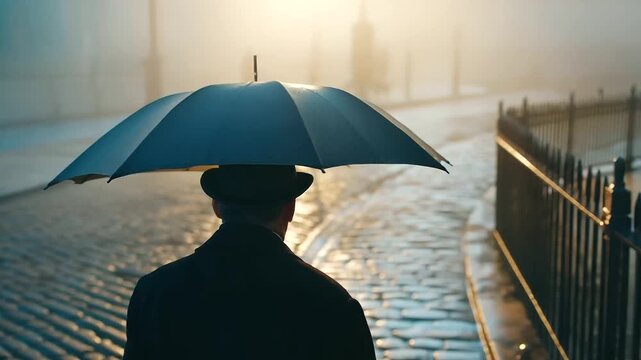 Man wearing bowler hat walking through foggy London street, umbrella in hand, cobblestone reflections, timeless elegance, 1930s urban nostalgia, cinematic solitude, historical char