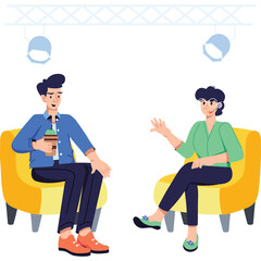 Man and Woman Sit on Yellow Chairs In Discussion with Spotlights Above on a Transparent Background