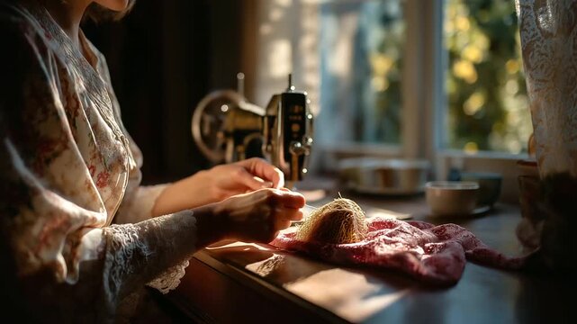 Seamstress using vintage sewing machine, fabric folded neatly beside, sunlight through curtains, craftsmanship and patience, creative nostalgia, slow fashion artistry, timeless ded