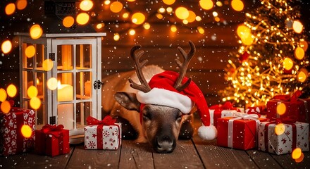 dog in a Santa hat reclines on a couch beside a Christmas tree adorned with twinkling lights dog wearing santa cap light and gift near it christmas concept