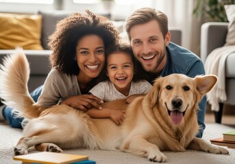 Happy family with a golden retriever dog smiling at the camera at home