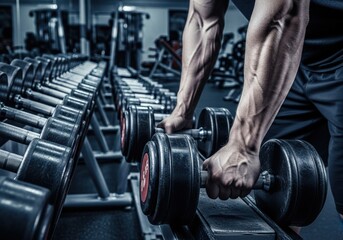 Man lifting dumbbells in a modern gym, focused on strength training and fitness