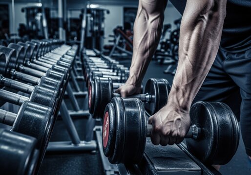 Man lifting dumbbells in a modern gym, focused on strength training and fitness