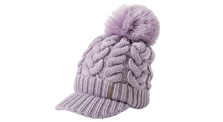 Isolated mauve knitted cap with pompom, winter wear fashion for women, seasonal cozy headwear