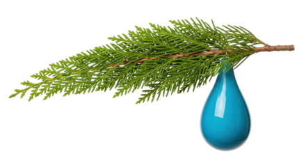 Isolated blue teardrop Christmas ornament hangs from evergreen branch, festive seasonal decor