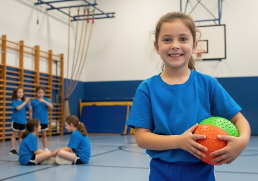 Smiling girl holding a ball in a gymnasium during physical education class