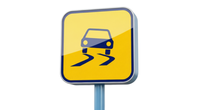 Isolated slippery road traffic sign indicating dangerous driving conditions on the roadway