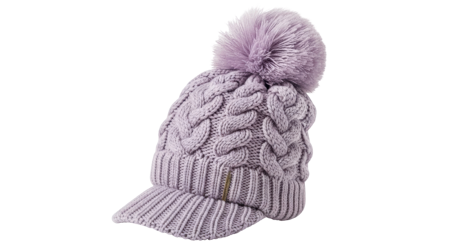 Isolated mauve knitted cap with pompom, winter wear fashion for women, seasonal cozy headwear