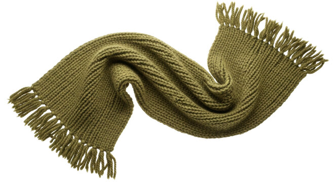 Isolated olive knitted scarf, warm textile garment for autumn and winter season fashion accessory