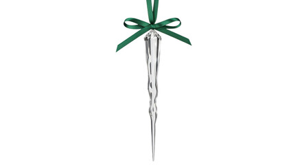 Isolated crystal icicle Christmas ornament with green ribbon and bow for Xmas decor