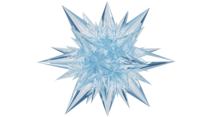 Isolated spiky ice crystal star, frozen fantasy, blue tinted transparent frosty structure, winter