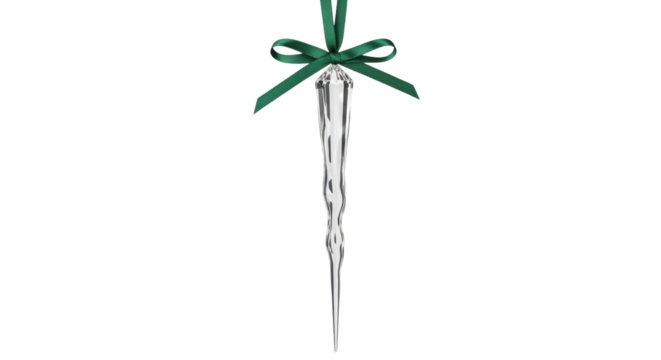 Isolated crystal icicle Christmas ornament with green ribbon and bow for Xmas decor