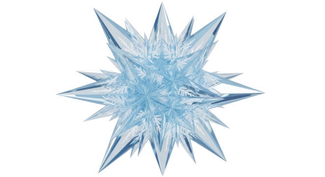 Isolated spiky ice crystal star, frozen fantasy, blue tinted transparent frosty structure, winter