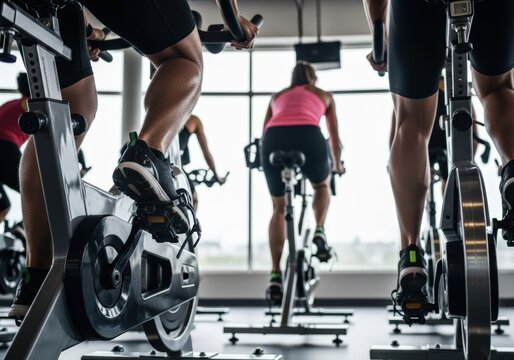 People working out in a spin class at the gym, cycling for fitness and health