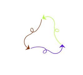 The universal recycling symbol consists of three curved arrows forming a triangle or cycle. Each arrow is a different color: light green, brown, and purple, on a white background. d