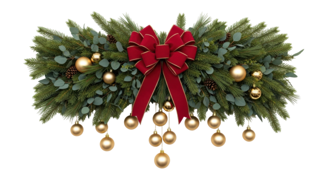 Isolated Christmas decoration with garland, red ribbon, golden ornaments for festive holiday