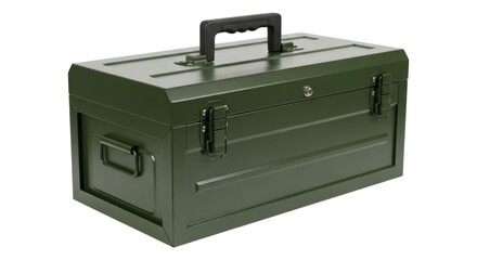 Isolated olive green toolbox, a heavy duty case with carrying handle and metal clasps, durable
