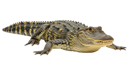 Naklejka premium Isolated American Alligator lurking, crawling on the ground, showing its teeth in a full shot