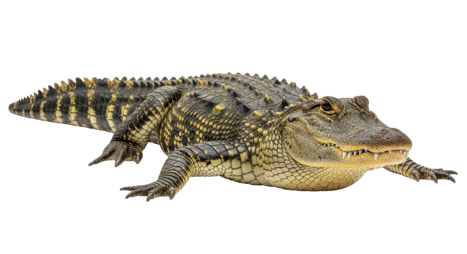 Isolated American Alligator lurking, crawling on the ground, showing its teeth in a full shot