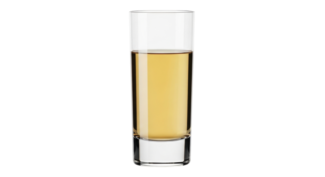Isolated alcoholic beverage in a modern style cocktail glass, with a yellow drink liquid