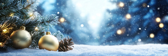 Golden Ornaments on Snowy Winter Forest Background