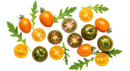 Isolated tomatoes varieties mix, heirloom dark tomatoes, yellow and orange baby plum, arugula leaves