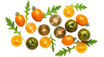 Isolated tomatoes varieties mix, heirloom dark tomatoes, yellow and orange baby plum, arugula leaves