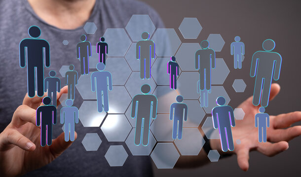 Person holding digital network icon. Illustration of social connection and global community for online business - Powered by Adobe